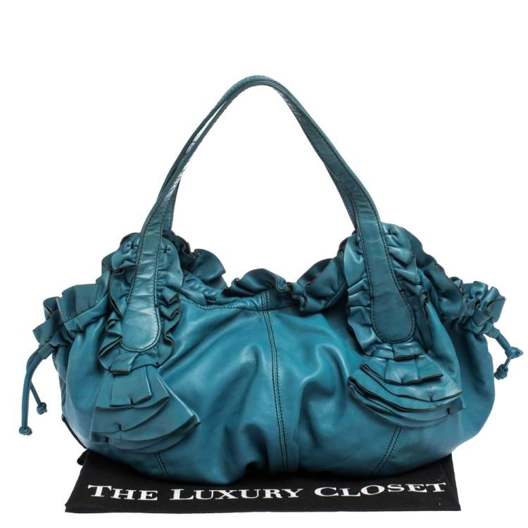 Pre Owned Valentino Blue Leather Ruffle Idylle Hobo
