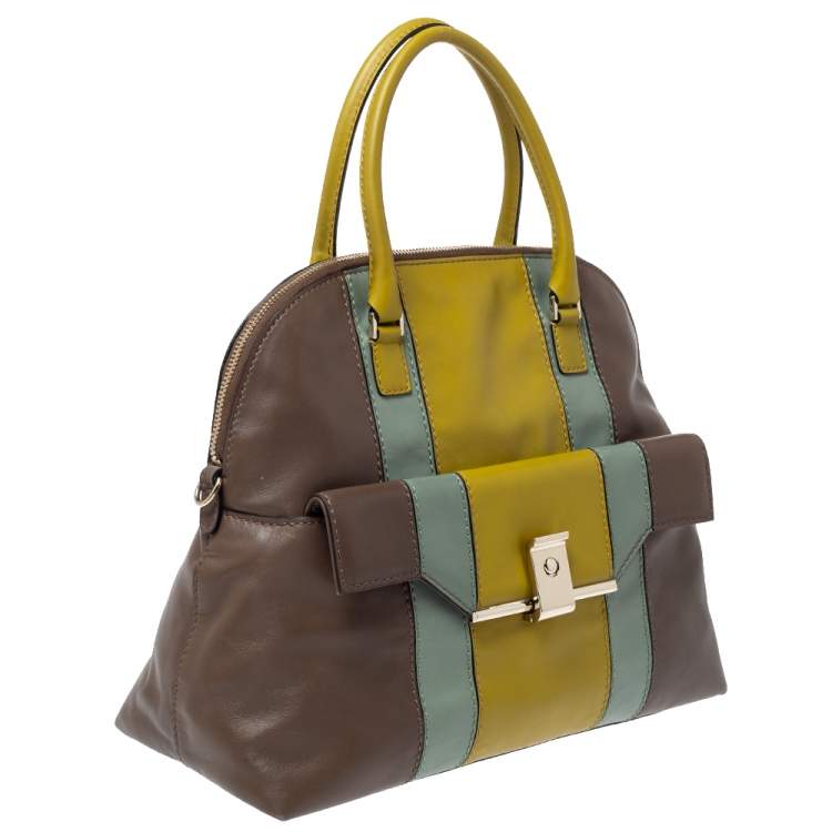 Pre Owned Valentino Tri Color Stripe Leather Front Pocket Satchel