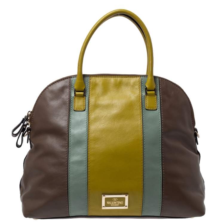 Pre Owned Valentino Tri Color Stripe Leather Front Pocket Satchel