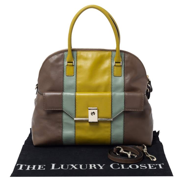 Pre Owned Valentino Tri Color Stripe Leather Front Pocket Satchel