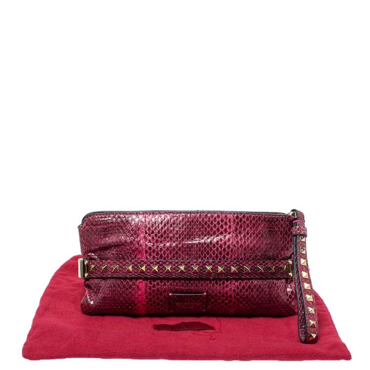 Pre Owned Valentino Pink Python Rockstud Wristlet Clutch