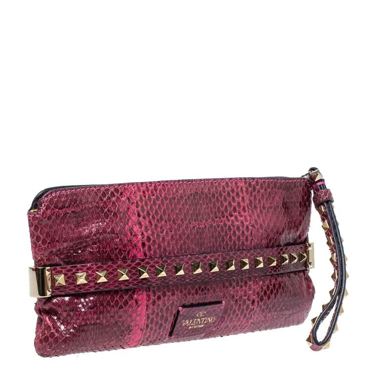 Pre Owned Valentino Pink Python Rockstud Wristlet Clutch