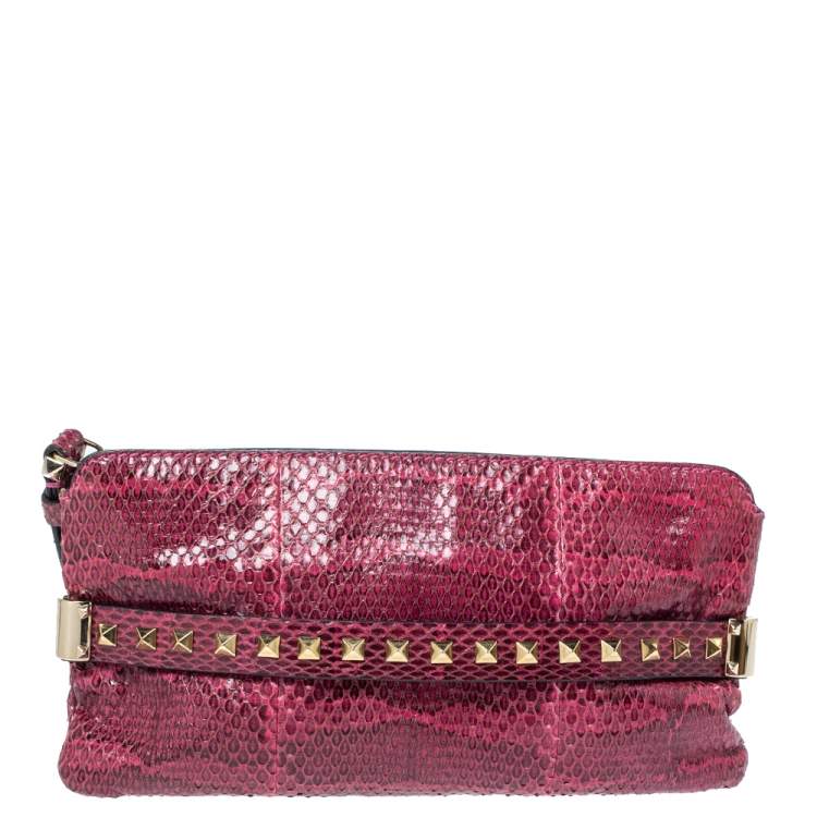 Pre Owned Valentino Pink Python Rockstud Wristlet Clutch