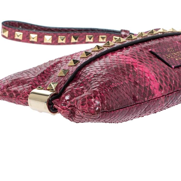 Pre Owned Valentino Pink Python Rockstud Wristlet Clutch