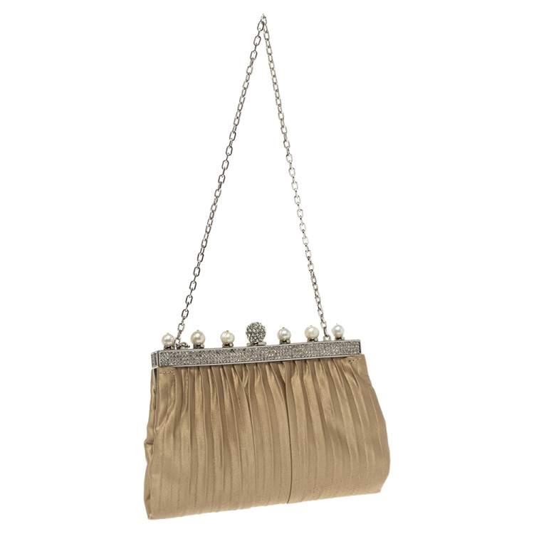 Pre Owned Valentino Beige Satin Crystal and Pearl Embellished Frame Chain Clutch