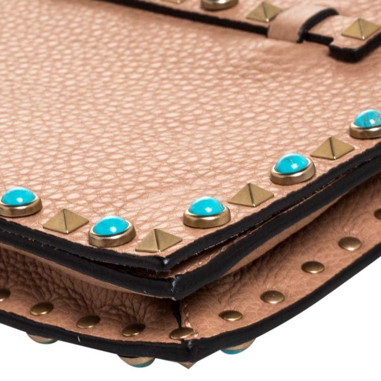 Pre Owned Valentino Beige Grained Leather Rolling Rockstud Wristlet Clutch