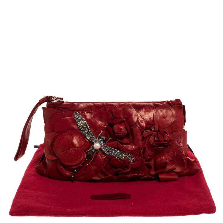 Pre Owned Valentino Red Leather Crystal Embellished Dragonfly Wristlet Clutch