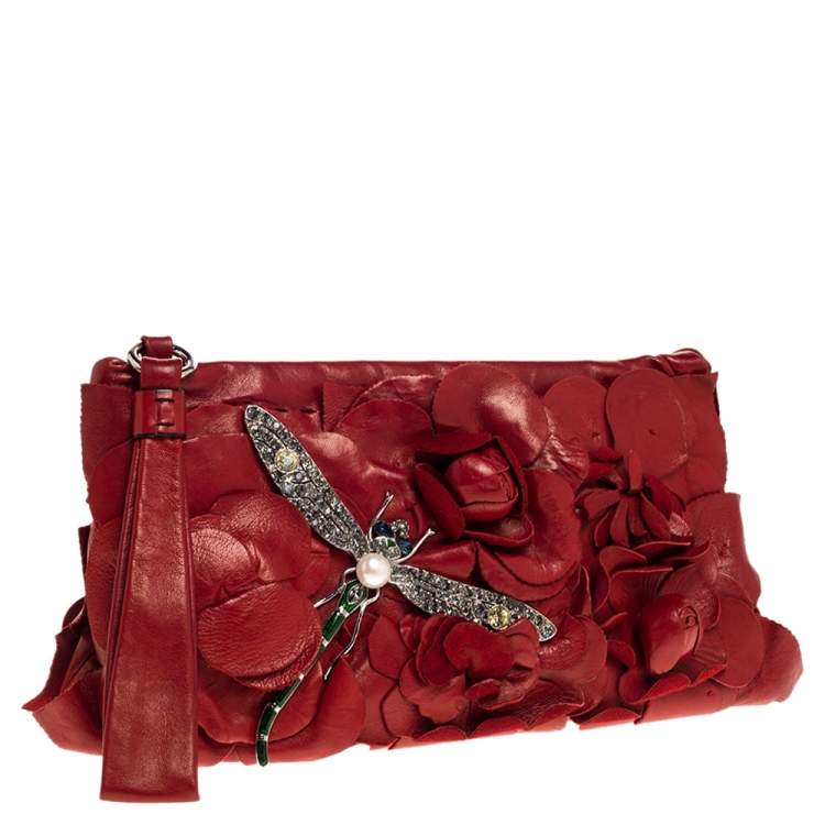 Pre Owned Valentino Red Leather Crystal Embellished Dragonfly Wristlet Clutch