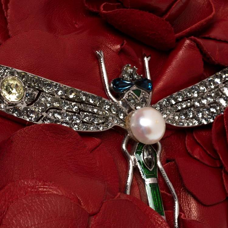 Pre Owned Valentino Red Leather Crystal Embellished Dragonfly Wristlet Clutch