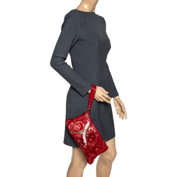 Pre Owned Valentino Red Leather Crystal Embellished Dragonfly Wristlet Clutch