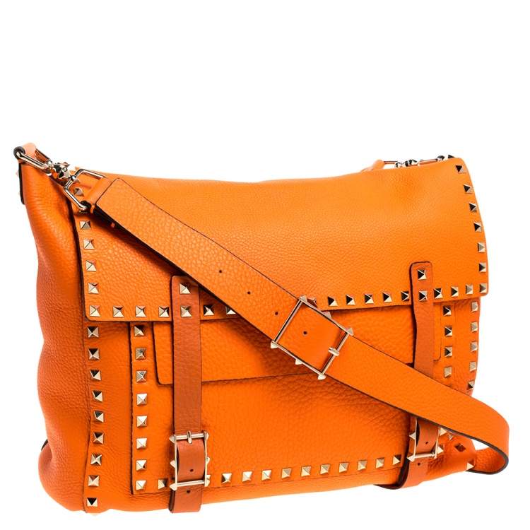 Pre Owned Valentino Neon Orange Leather Rockstud Messenger Bag