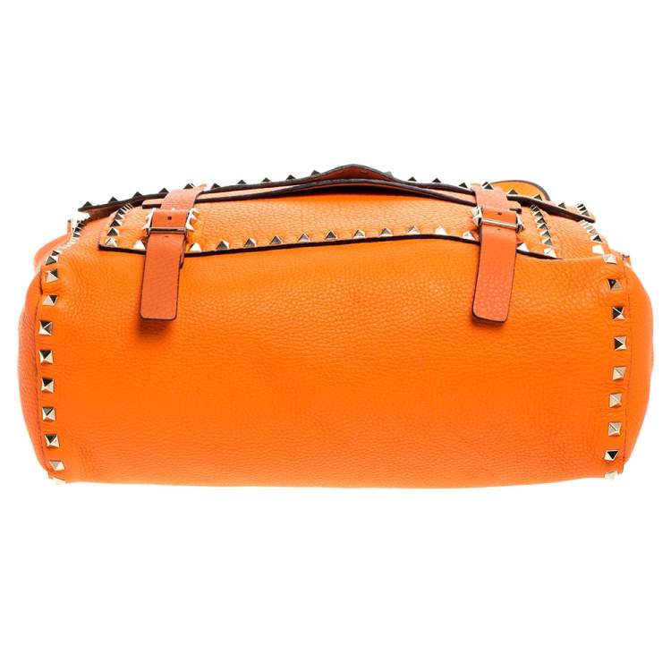 Pre Owned Valentino Neon Orange Leather Rockstud Messenger Bag