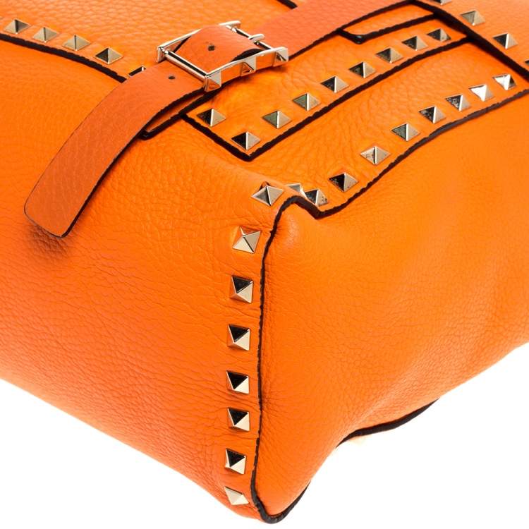 Pre Owned Valentino Neon Orange Leather Rockstud Messenger Bag