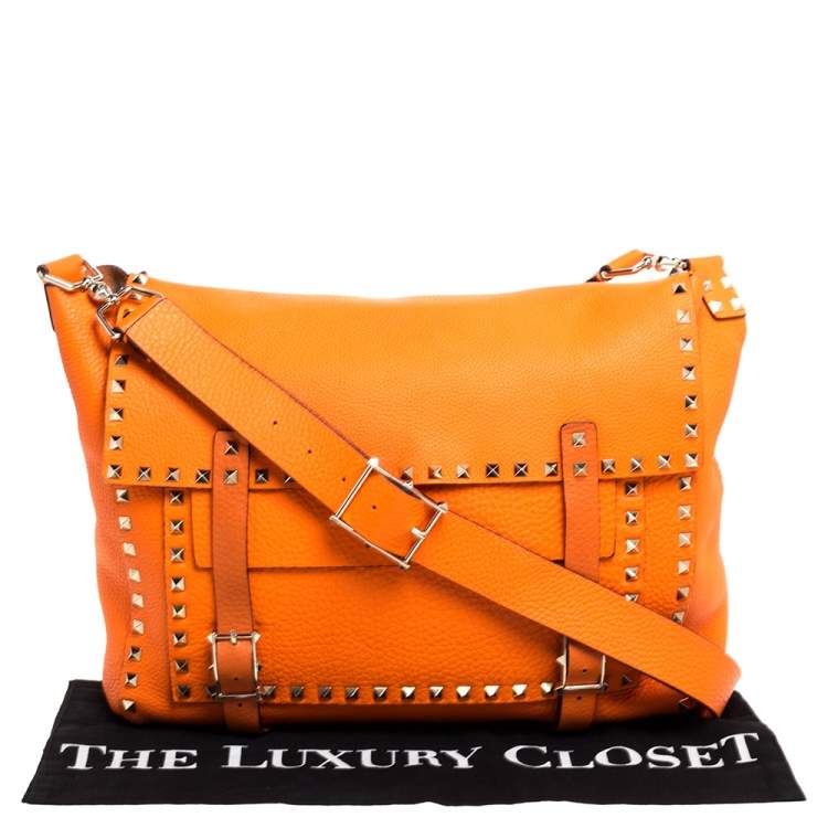 Pre Owned Valentino Neon Orange Leather Rockstud Messenger Bag