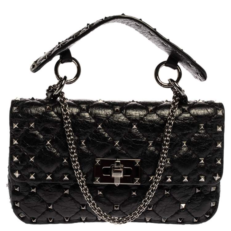 Valentino Black Quilted Soft Crackle Leather Small Rockstud Spike ...