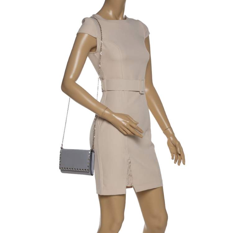 Pre Owned Valentino Pale Blue Leather Rockstud Wallet on Chain