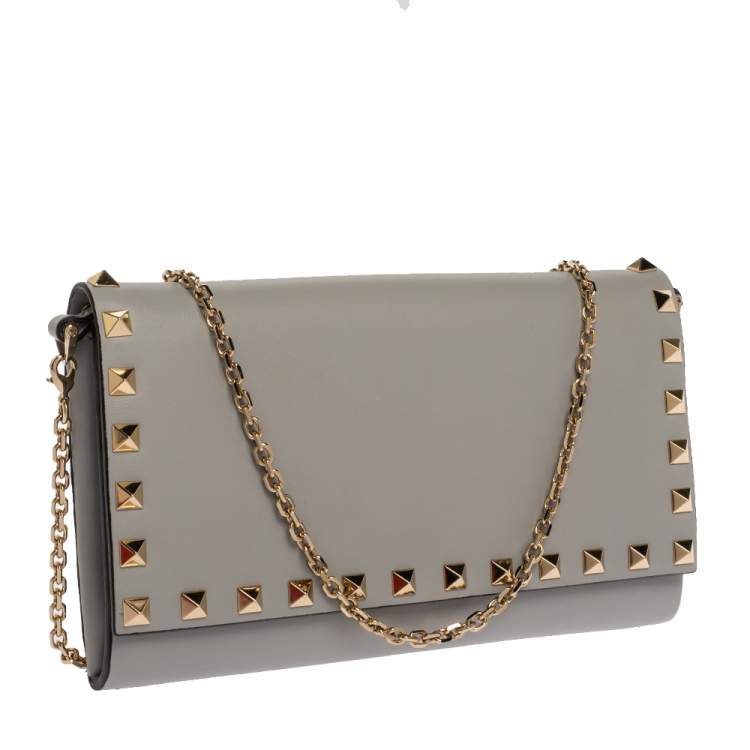 Pre Owned Valentino Pale Blue Leather Rockstud Wallet on Chain