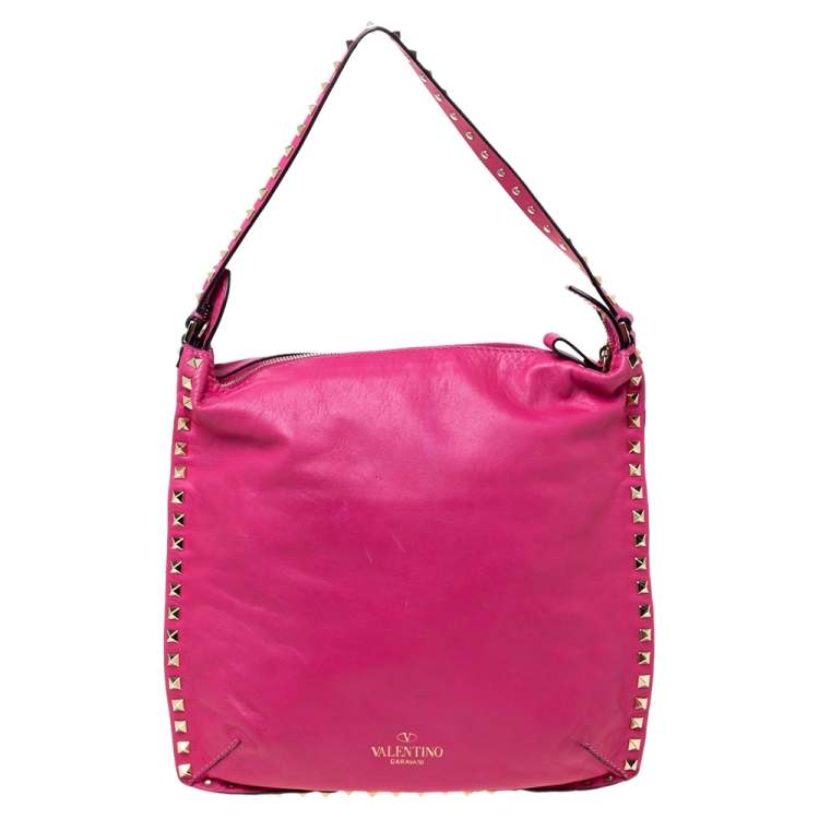 Pre Owned Valentino Fuchsia Leather Rockstud Messenger Bag