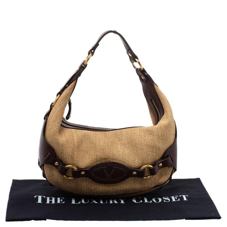 Pre Owned Valentino Dark Brown/Beige Raffia and Leather V Logo Embossed Hobo