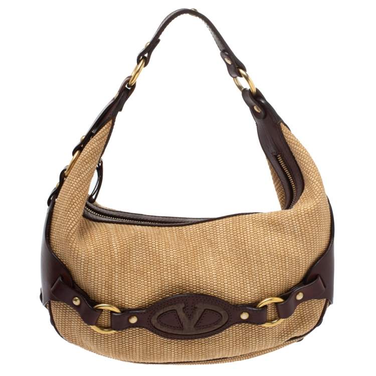 Pre Owned Valentino Dark Brown/Beige Raffia and Leather V Logo Embossed Hobo