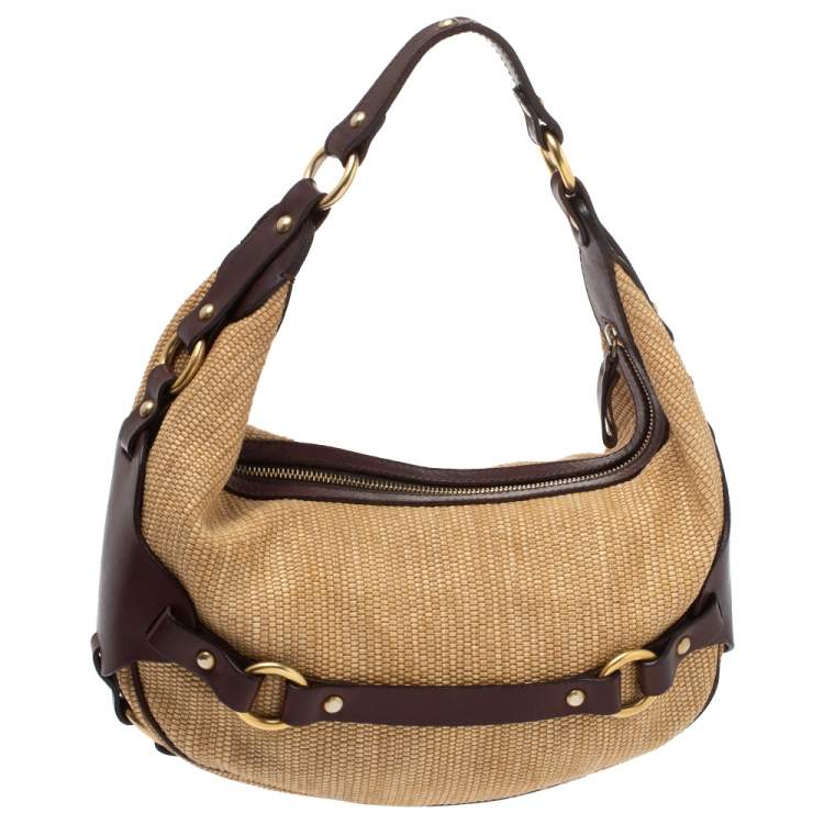 Pre Owned Valentino Dark Brown/Beige Raffia and Leather V Logo Embossed Hobo