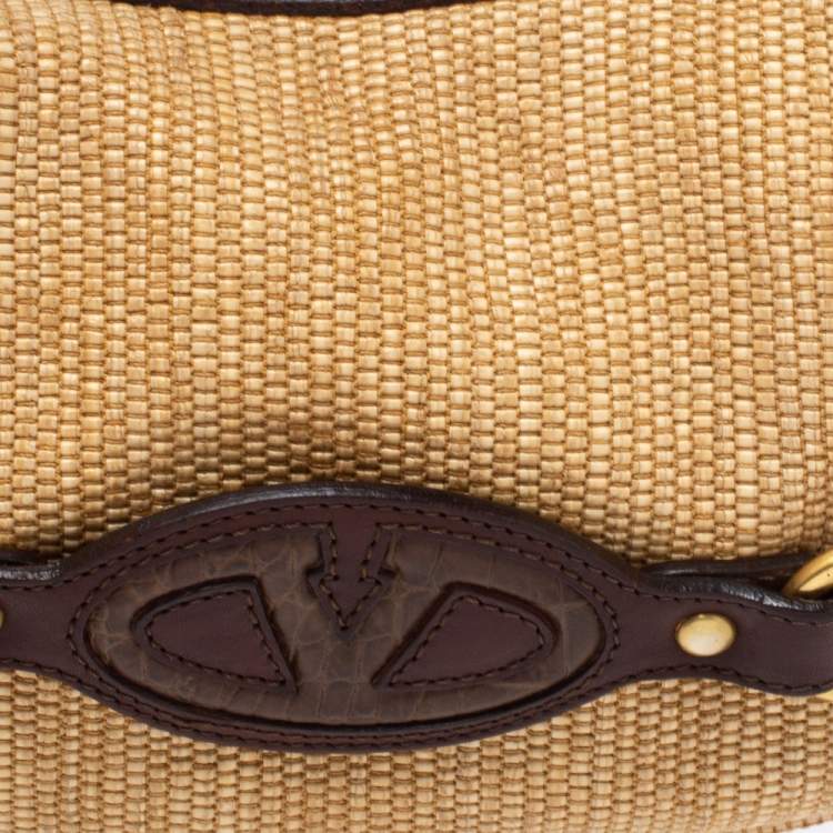 Pre Owned Valentino Dark Brown/Beige Raffia and Leather V Logo Embossed Hobo