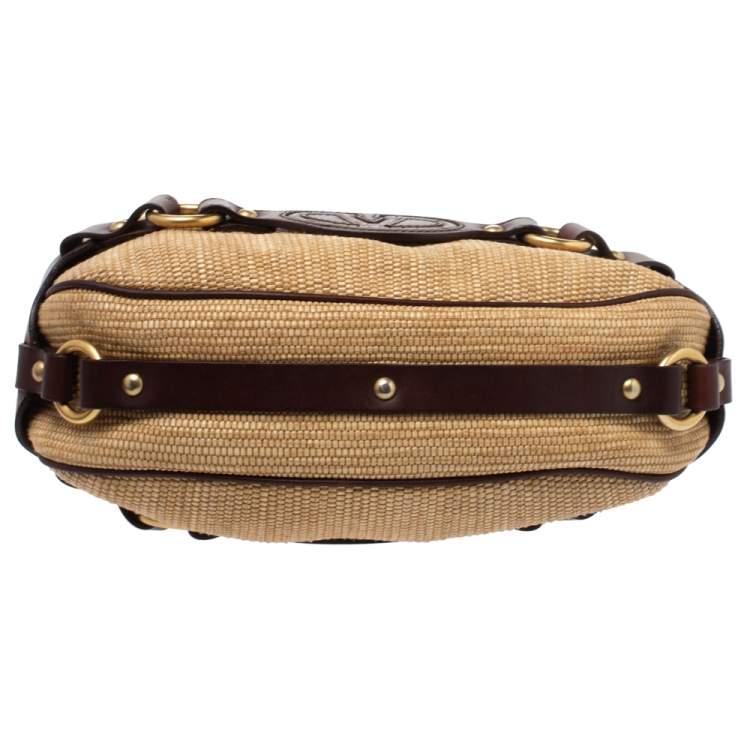 Pre Owned Valentino Dark Brown/Beige Raffia and Leather V Logo Embossed Hobo