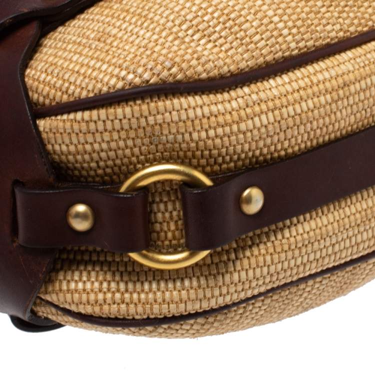 Pre Owned Valentino Dark Brown/Beige Raffia and Leather V Logo Embossed Hobo