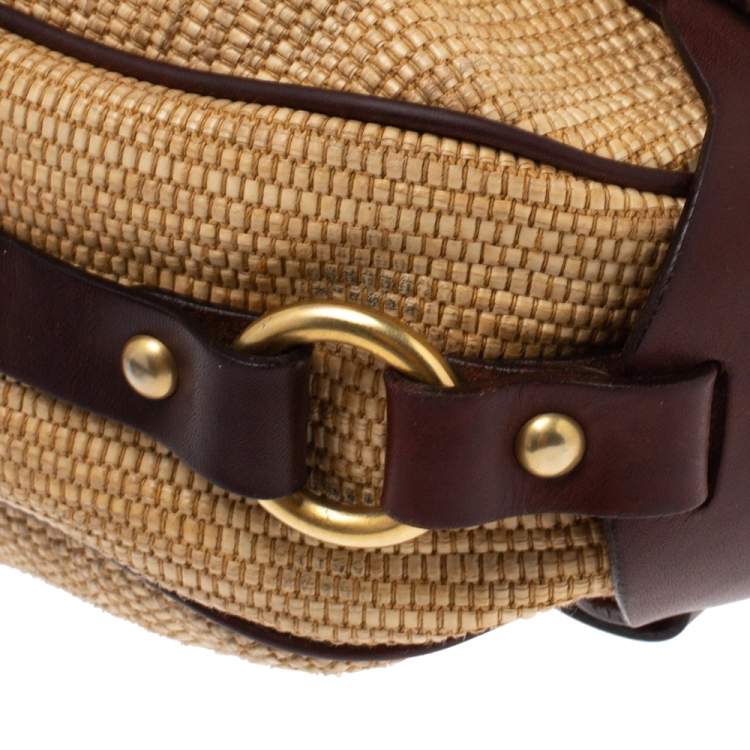 Pre Owned Valentino Dark Brown/Beige Raffia and Leather V Logo Embossed Hobo