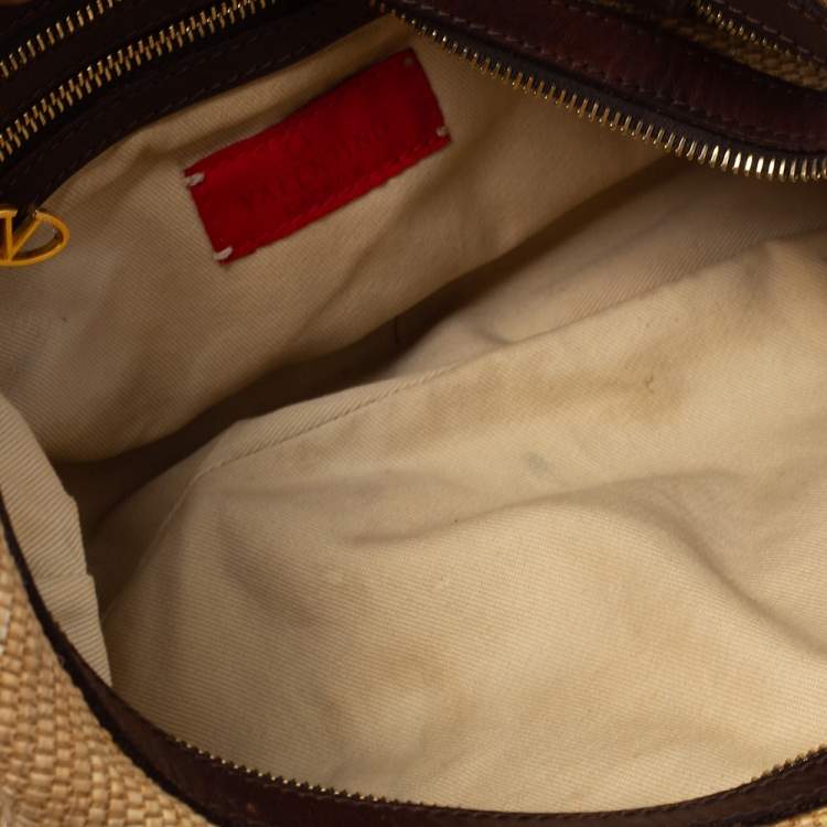 Pre Owned Valentino Dark Brown/Beige Raffia and Leather V Logo Embossed Hobo