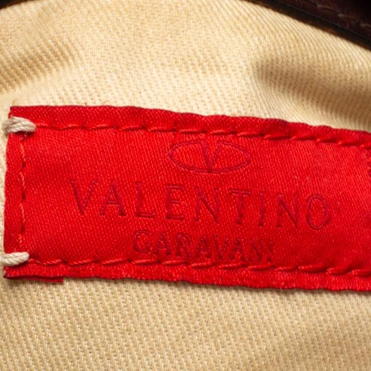 Pre Owned Valentino Dark Brown/Beige Raffia and Leather V Logo Embossed Hobo