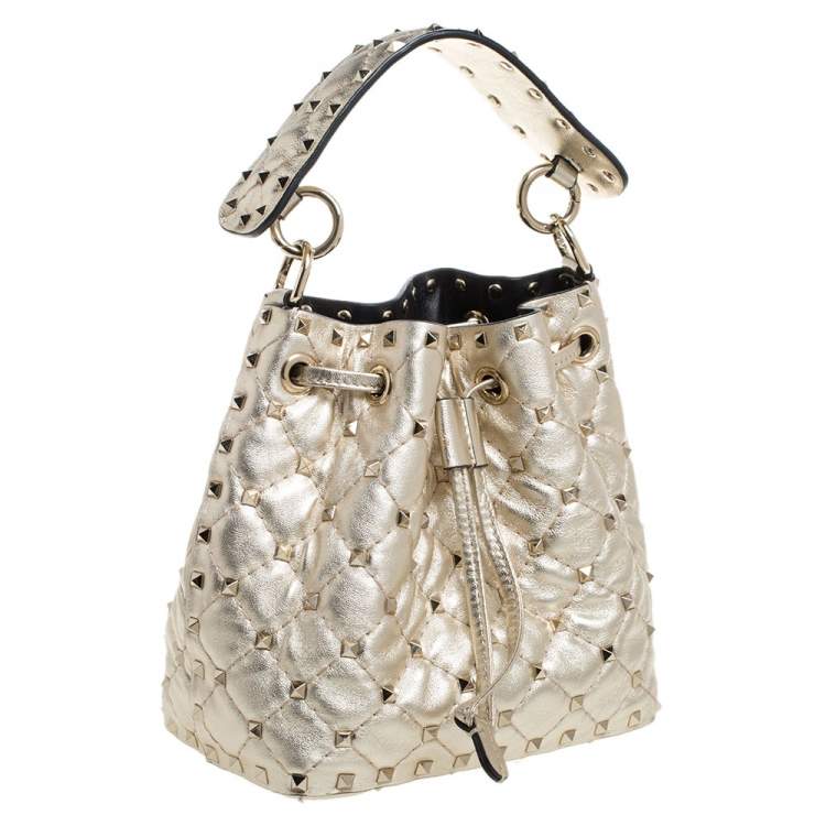 Pre Owned Valentino Metallic Gold Leather Small Rockstud Bucket Bag