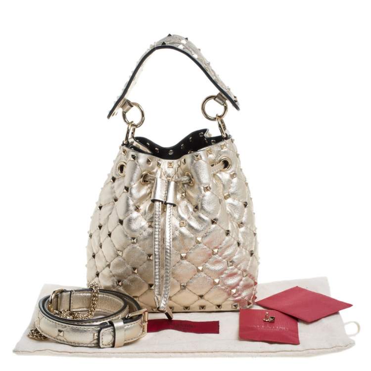 Pre Owned Valentino Metallic Gold Leather Small Rockstud Bucket Bag