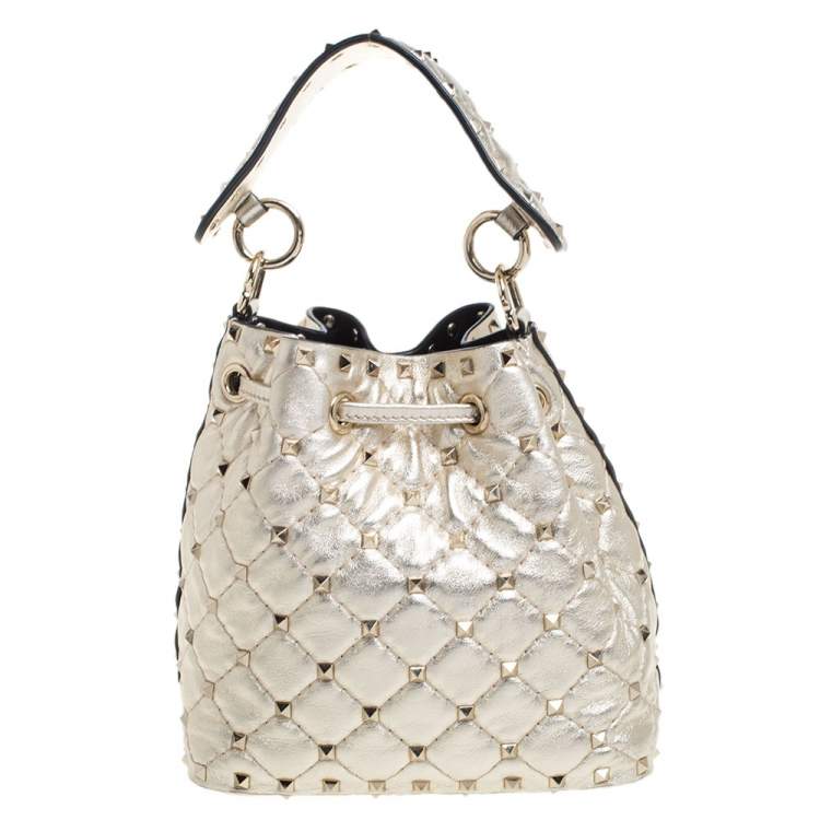Pre Owned Valentino Metallic Gold Leather Small Rockstud Bucket Bag