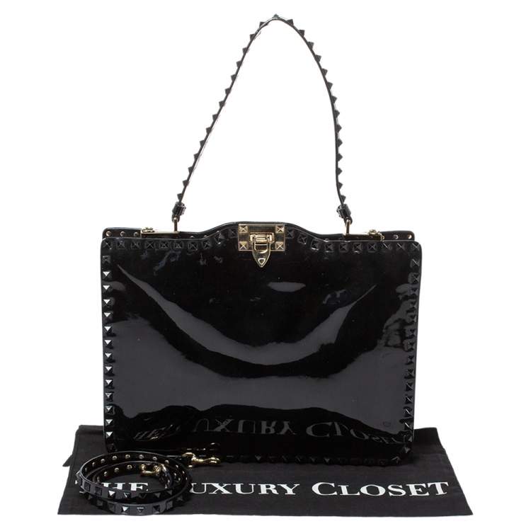 Pre Owned Valentino Black Patent Leather Rockstud Top Handle Bag