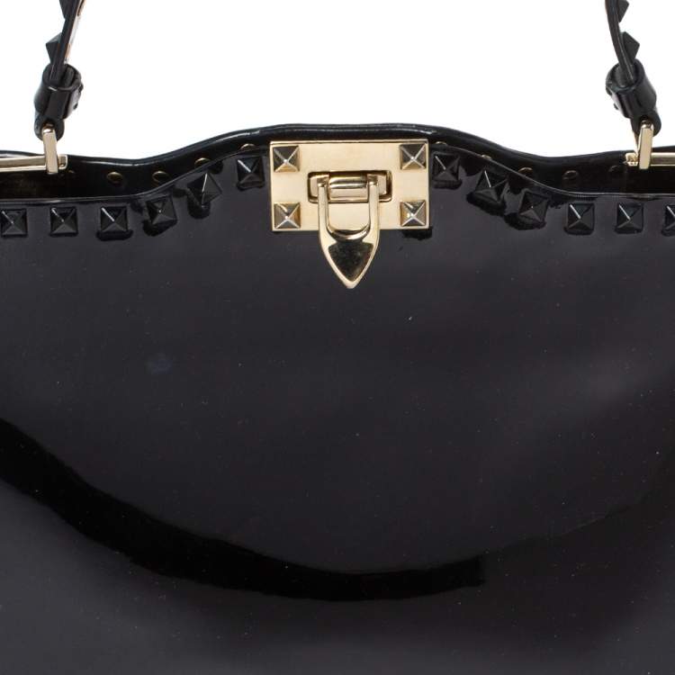 Pre Owned Valentino Black Patent Leather Rockstud Top Handle Bag