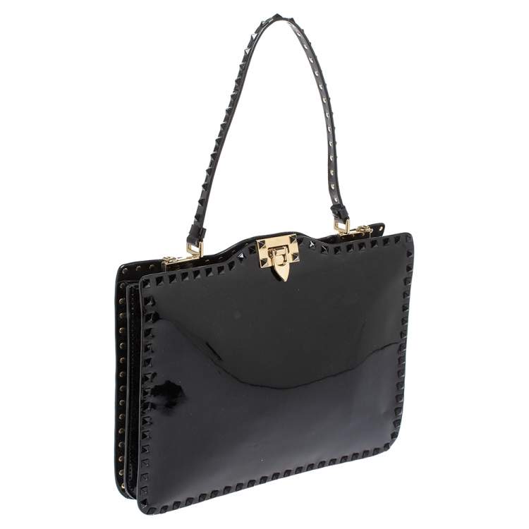 Pre Owned Valentino Black Patent Leather Rockstud Top Handle Bag