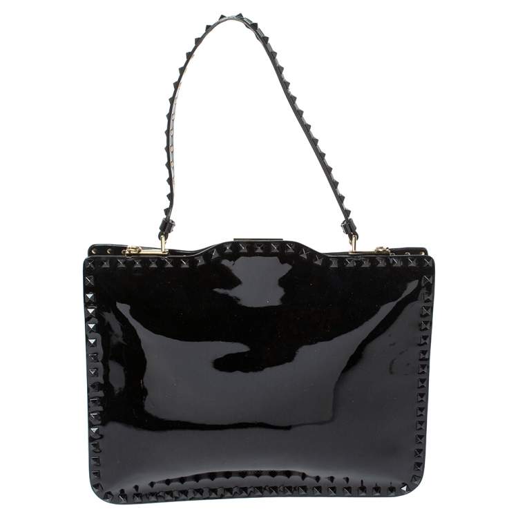 Pre Owned Valentino Black Patent Leather Rockstud Top Handle Bag