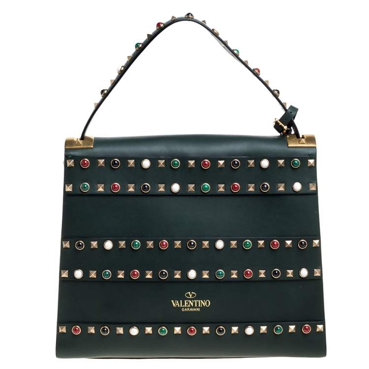 Pre Owned Valentino Green Studded Leather My Rockstud Top Handle Bag