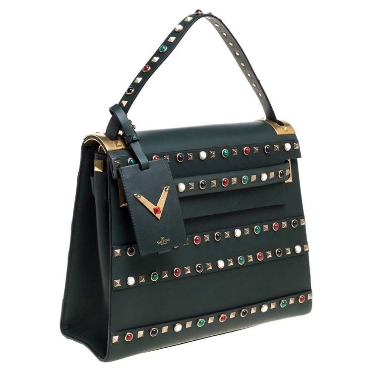 Pre Owned Valentino Green Studded Leather My Rockstud Top Handle Bag