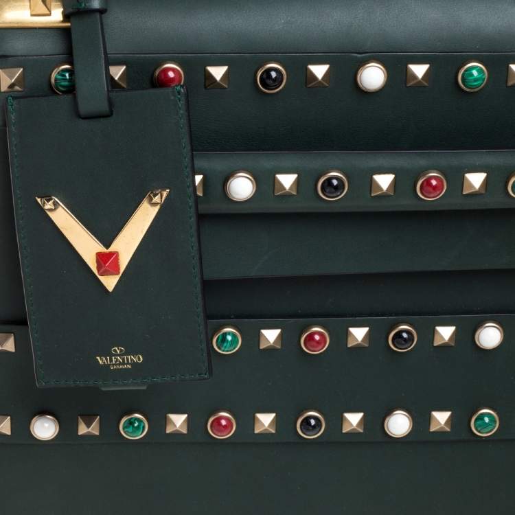 Pre Owned Valentino Green Studded Leather My Rockstud Top Handle Bag