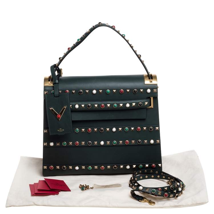 Pre Owned Valentino Green Studded Leather My Rockstud Top Handle Bag