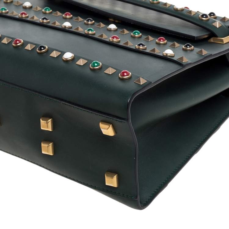 Pre Owned Valentino Green Studded Leather My Rockstud Top Handle Bag