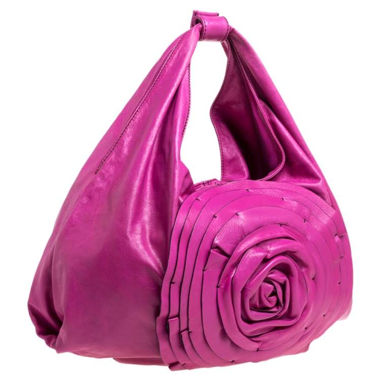 Pre Owned Valentino Pink Leather Large Petale Rose Hobo 