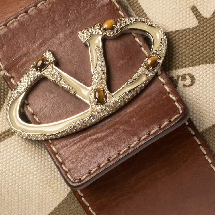 Pre Owned Valentino Brown/Cream Canvas and Leather Hobo