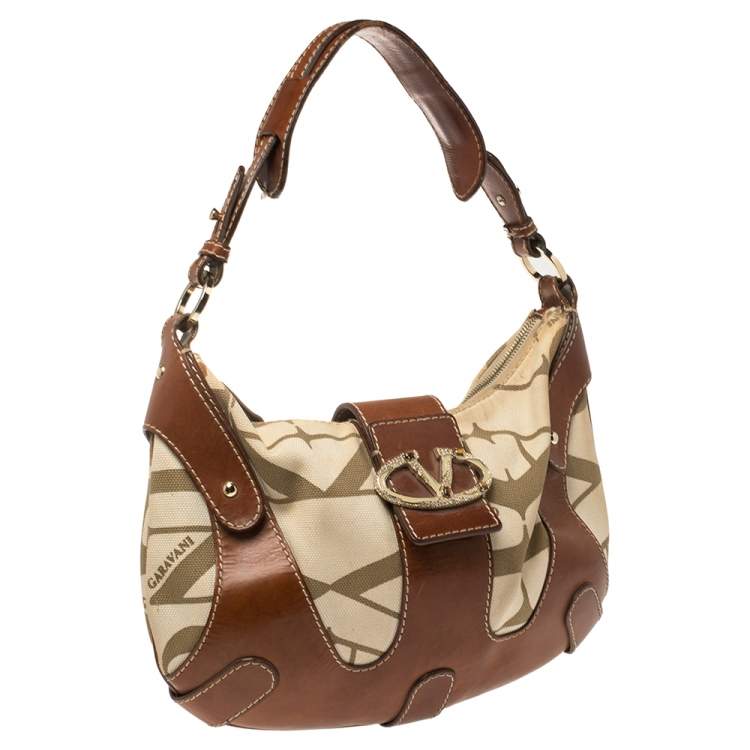 Pre Owned Valentino Brown/Cream Canvas and Leather Hobo