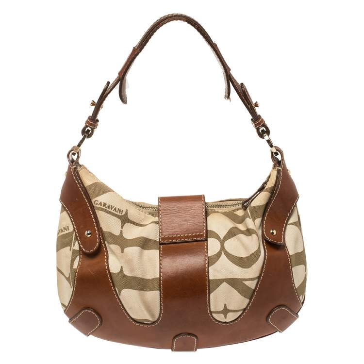 Pre Owned Valentino Brown/Cream Canvas and Leather Hobo