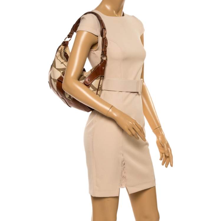 Pre Owned Valentino Brown/Cream Canvas and Leather Hobo