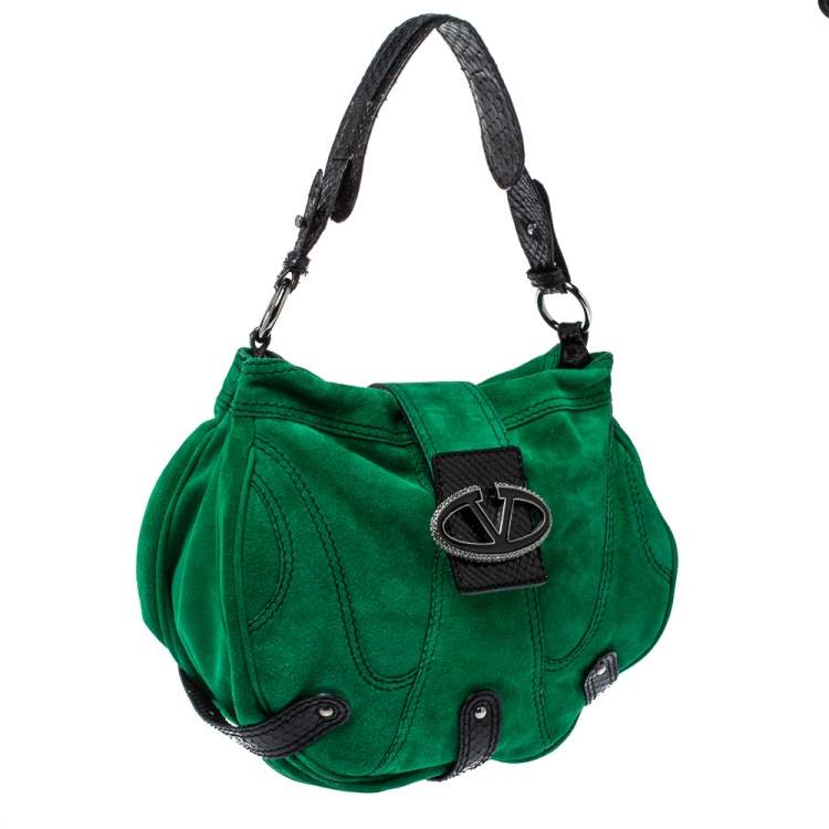 Pre Owned Valentino Green/Black Suede and Python VRing Embellished Hobo
