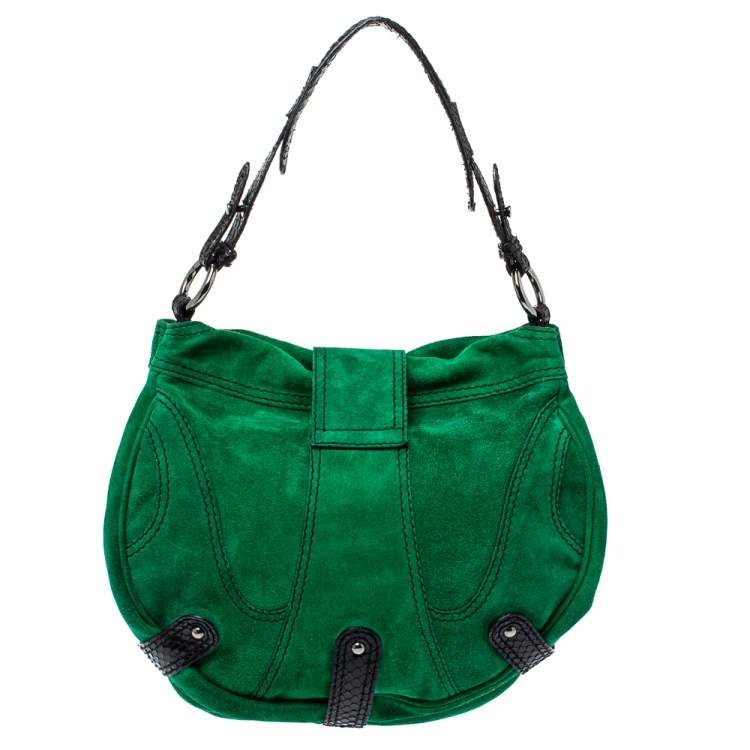 Pre Owned Valentino Green/Black Suede and Python VRing Embellished Hobo